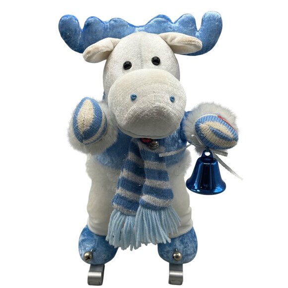 Avon Mark The moose Plush 2002 Christmas decor Skates white blue Bell Scarf READ - Picture 1 of 6